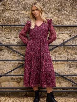 M&Co Black Petite Floral Chiffon Long Sleeve Boho Dress Discount