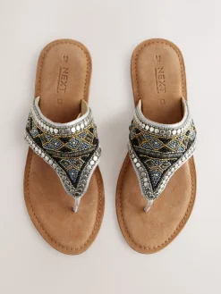Next Metallic Standard/Wide Fit Chunky Beaded Toe Thong Sandals Outlet