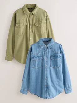 Next Mid Blue and Khaki Green Oversized Denim Shirts 2 Pack Hot