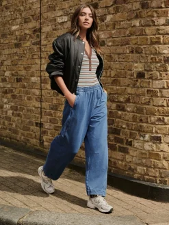 Next Barrel Leg Denim Jersey Trousers Mid Blue Best