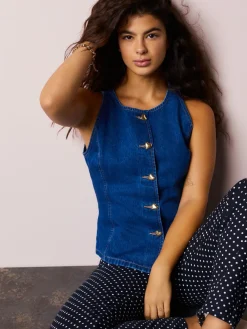 Next Mid Blue Denim Heart Button Through Waistcoat Hot