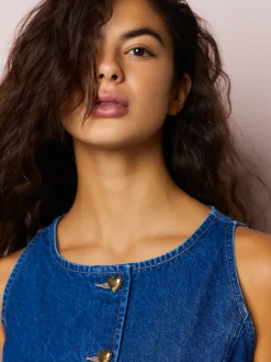 Next Mid Blue Denim Heart Button Through Waistcoat Hot