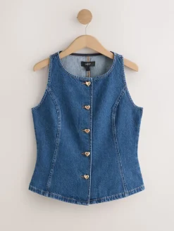 Next Mid Blue Denim Heart Button Through Waistcoat Hot