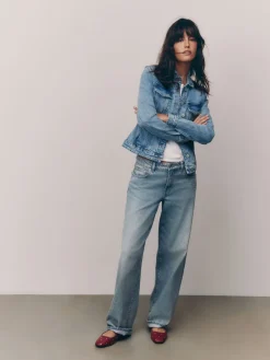 Next Fitted Denim Jacket Mid Blue Clearance