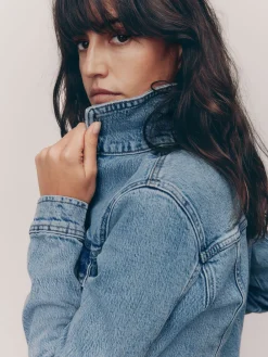 Next Fitted Denim Jacket Mid Blue Clearance