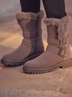 Next Mink Brown Faux Fur Double Buckle Ankle Boots New