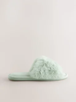 Next Mint Green Faux Fur Lined Slider Slippers Best