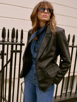 Mint Velvet Black Leather Single Breasted Blazer Sale