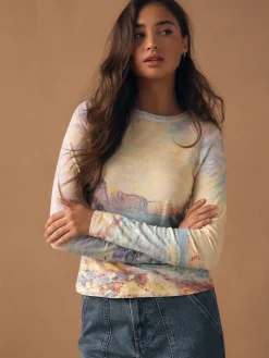 Next Monet Graphic License Long Sleeve Washed Effect Raw Seam T-Shirt Online