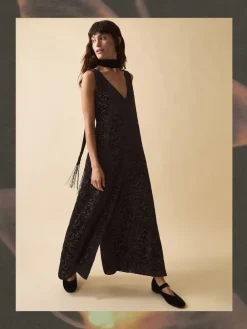 Monsoon Black Clemence Gigi Velvet Burnout Palazzo Jumpsuit Best