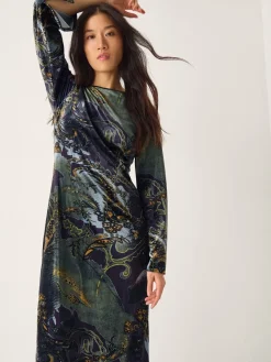 Monsoon Black Delta Print Velvet Jersey Midi Dress