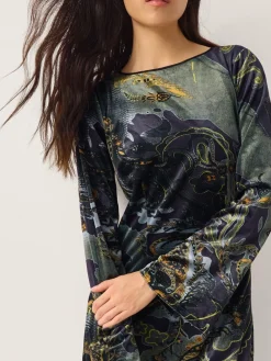 Monsoon Black Delta Print Velvet Jersey Midi Dress