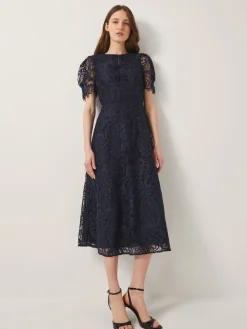 Monsoon Blue Betty Lace Puff Sleeve Midi Dress Clearance