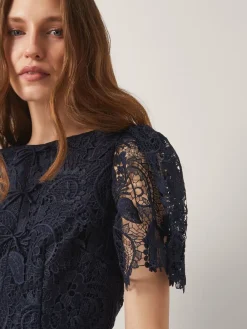Monsoon Blue Betty Lace Puff Sleeve Midi Dress Clearance