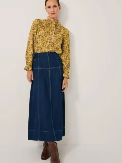 Monsoon Blue Brooke Seamed Denim Midi Skirt Clearance
