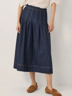Monsoon Blue Darcie Pleated Denim Midi Skirt Discount