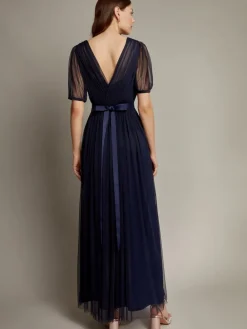 Monsoon Ellie Sheer Sleeve Plunge Tulle Maxi Dress Blue Clearance