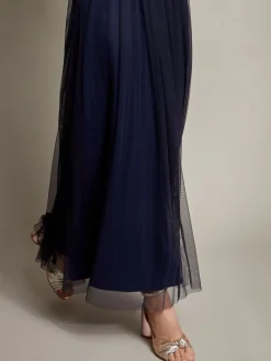 Monsoon Ellie Sheer Sleeve Plunge Tulle Maxi Dress Blue Clearance