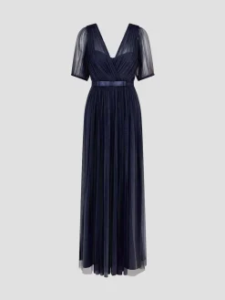 Monsoon Ellie Sheer Sleeve Plunge Tulle Maxi Dress Blue Clearance
