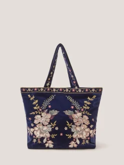 Monsoon Blue Fallon Floral Embroidered Velvet Tote Bag Best