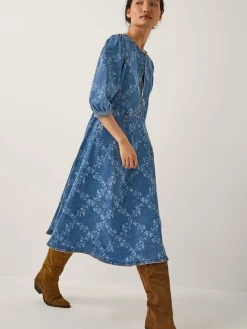 Monsoon Blue Hailsey Floral Denim Midi Dress Online