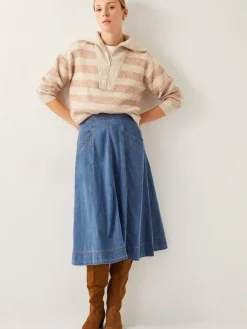 Monsoon Harper Seamed Denim 100% Cotton Midi Skirt Blue Discount