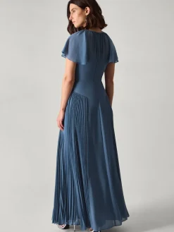 Monsoon Madison Flutter Sleeve Pleated Bridesmaid Dress Blue Hot