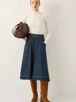 Monsoon Harper Seamed Denim 100% Cotton Midi Skirt Blue white