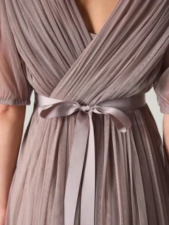 Monsoon Ellie Sheer Sleeve Plunge Tulle Maxi Dress Brown Hot