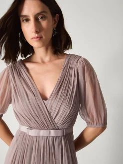 Monsoon Ellie Sheer Sleeve Plunge Tulle Maxi Dress Brown Hot