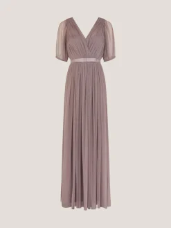 Monsoon Ellie Sheer Sleeve Plunge Tulle Maxi Dress Brown Hot