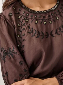 Monsoon Brown Isabelle Floral Embellished Top Hot