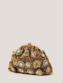 Monsoon Brown Lulu Flower Embellished Clutch Bag Outlet
