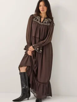 Monsoon Brown Nova Embroidered Yoke Chiffon Maxi Dress Clearance