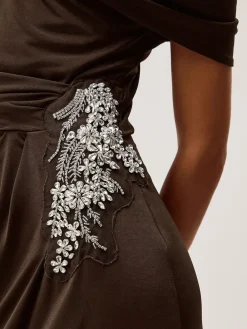 Monsoon Brown Trina Asymmetrical Embellished Jersey Maxi Dress