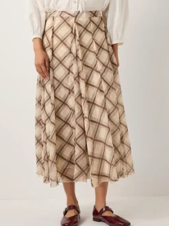 Monsoon Cream Chelsea Check Print Midi Skirt Discount