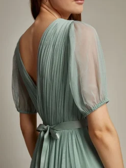 Monsoon Ellie Sheer Sleeve Plunge Tulle Maxi Dress Green Sale