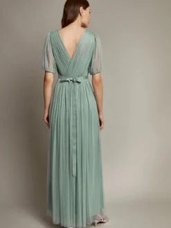Monsoon Ellie Sheer Sleeve Plunge Tulle Maxi Dress Green Sale