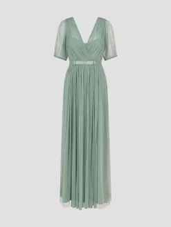 Monsoon Ellie Sheer Sleeve Plunge Tulle Maxi Dress Green Sale