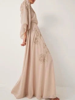 Monsoon Skyla Floral Print Embellished Maxi Wrap Dress Nude Outlet