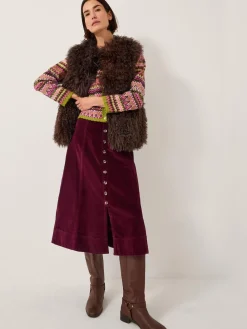 Monsoon Red Jamie Button Corduroy Midi Skirt Discount