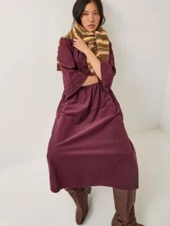 Monsoon Red Jimena Embroidered Corduroy Midi Dress Outlet