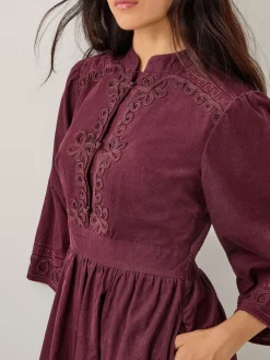 Monsoon Red Jimena Embroidered Corduroy Midi Dress Outlet