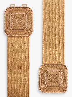 Next Natural Square Buckle Wide Raffia Effect Belt Sale