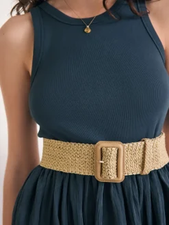 Next Natural/Gold Wide Raffia Effect Belt New