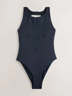 Next Navy Blue Broderie Cutwork High Neck Tummy Control Swimsuit New