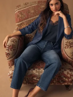 Next Navy Blue Denim Look Fitted Single Breasted Blazer New