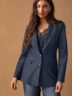 Next Navy Blue Denim Look Fitted Single Breasted Blazer New