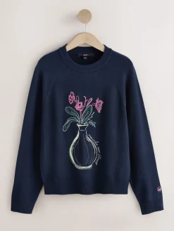 Next Navy Blue Floral Embellished Supersoft Crew Neck Long Sleeve Jumper Clearance