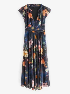 Next Pleated Mesh Print V-Neck Occasion Maxi Dress Navy Blue Floral Best